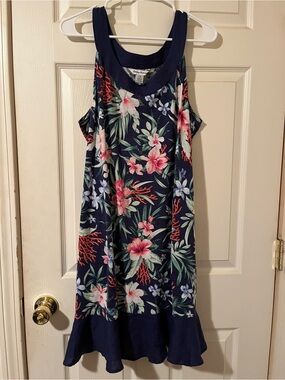 Tommy Bahama Tropical Floral Dress Large Navy Hibiscus Resort Flowy